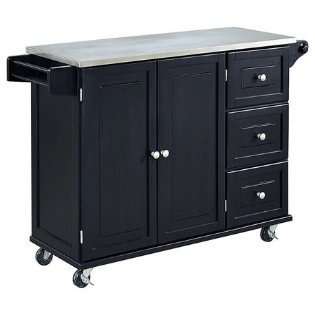 Stainless Steel Top Kitchen Cart, 3 Drawers, Towel Bar & Adjustable Shelf, Black