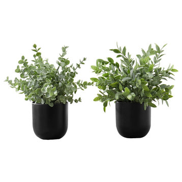 Artificial Plant, 11" Tall, Indoor, Table, Potted, Set of 2, Green Leaves