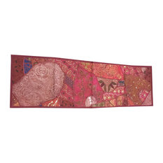 Mogul Interior - Consigned Antique Fabric, Moroccan Sari Maroon Patchwork Sequin Embroidered Tape - Table Runners