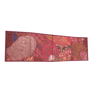 Mogul Interior - Consigned Antique Fabric, Moroccan Sari Maroon Patchwork Sequin Embroidered Tape - Table Runners