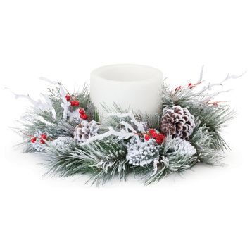 Flocked Pine Berry Candle Ring 20"D