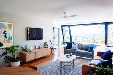 This is an example of a midcentury enclosed living room in Gold Coast - Tweed with multi-coloured walls, medium hardwood floors and a wall-mounted tv.
