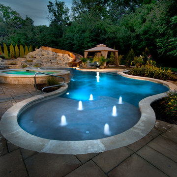 Yorkville, IL Freeform Swimming Pool and Hot Tub with Concrete Slide