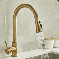 Antique Brass Single Handle Rotatable Mixer Pull-out Kitchen Sink Faucet FA0229P - Kitchen Faucets