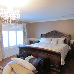Custom Drapery over California Shutters in Master Bedroom, Burlington Ontario - Curtains