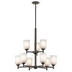 Kichler - Chandelier 9-Light, Olde Bronze - The straight lines and up-sized satin etched glass of this Olde Bronze 9 light chandelier from the Shailene Collection create the perfect casual look for the updated urban lifestyle.