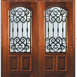 Prehung Double Door 80 Wood Mahogany Barcelona Arch Lite - Front Doors