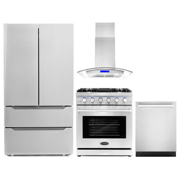 4-Piece, 30" Gas Range, Island Range Hood, Dishwasher, and Refrigerator