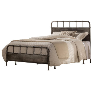 King Platform Bed, Rustic Look Panel Headboard With Slat Accents, Rubbed Black