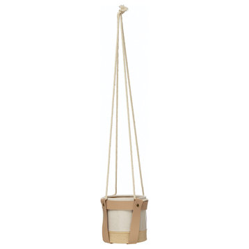 Hanging Stoneware Planter With Faux Leather Straps and Rope Hanger