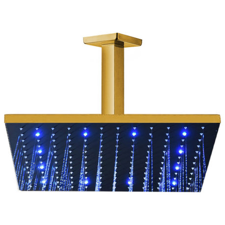Fontana 16" Gold Plated Square Color Changing LED Rain Shower Head, Solid Brass