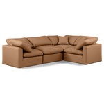Meridian Furniture - Indulge Upholstered Modular L-Shaped Sectional, Cognac, 4-Piece: 1 Armless Chair, 3 Corner Chair, Fiber Stuffed Vegan Leather - Unwind in tranquil elegance with the Indulge Vegan Leather Sectional. Imagine sinking into the plush embrace of this lush sectional, crafted from rich, textured cognac vegan leather that feels soft and inviting against your skin. Overstuffed down feather cushions cradle you in cloud-like comfort, while the solid wood frame provides unwavering support. This modular masterpiece isn't just furniture - it's a blank canvas for creating your dream living space. Arrange the versatile pieces in countless configurations, from a sprawling entertainment zone for movie nights to intimate reading nooks for quiet moments. Indulge in the ultimate comfort, endless possibilities, and timeless elegance.