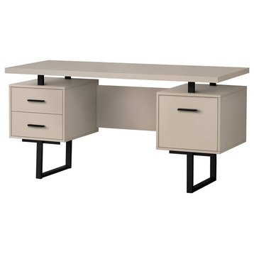 Contemporary Floating Desk, Metal Frame and 3 Storage Drawers, Taupe/Black