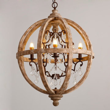 $369.99, Retro Rustic Weathered Wooden Globe Caged Rust Metal Scroll Crystal 5-L