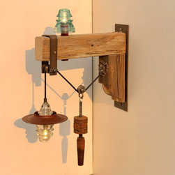 Industrial sconce using a telegraph crossarm wood beam, corbel base & insulator - Wall Sconces