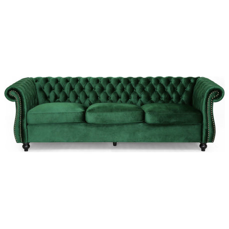 GDF Studio Vita Chesterfield Tufted Jewel Toned Velvet Sofa With Scroll Arms, Emerald