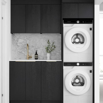 Modern Otti Byron Black Oak Laundry Cabinet with Stone Top Sink Package