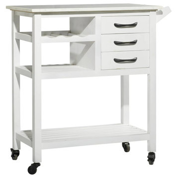 Contempórary Kitchen Island, Marble Top With Open Comparmets & Drawers, White