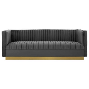 Catania Modern / Contemporary Vertical Channel Tufted Velvet Sofa in Gray
