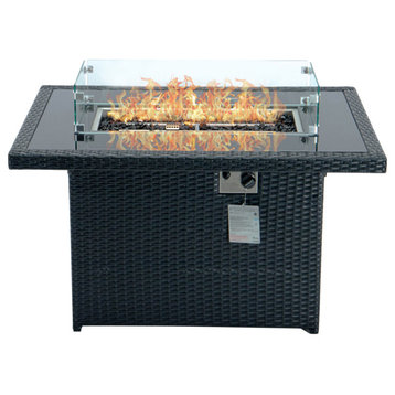 LeisureMod Mace Wicker Patio Modern Propane 44" Fire Pit Table, Black