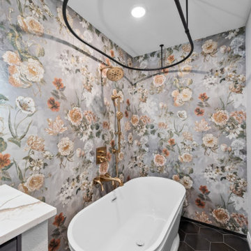 Curved Shower Rod and Rain Head over Tub – Floral Tile Backdrop