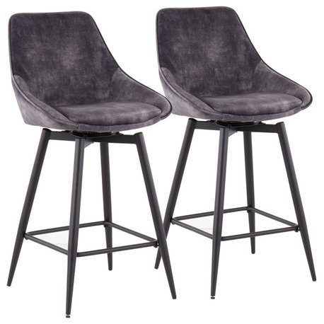 Diana Counter Stool, Set of 2, Black Steel, Gray Velvet