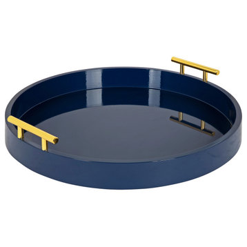 Lipton Round Decorative Tray with Metal Handles, Navy Blue/Gold 18" Diameter