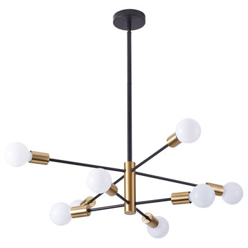 8-Light Modern Sputnik Ceiling Light Chandelier, Black with Brass Pendant Light