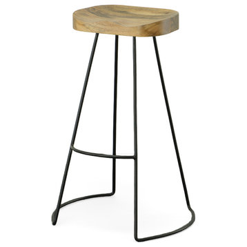 Stationary Solid Mango Wood Seat Tractor Stool, Natural/Black