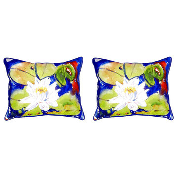 Pair of Betsy Drake Lily Pad Flower Large Indoor/Outdoor Pillows 11X 14