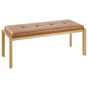 Fuji Contemporary Bench, Gold Metal/Camel Faux Leather