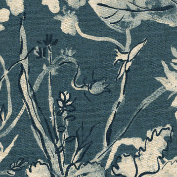 Pinch Pleated Curtain Panels Pair Garden Party Indigo Floral Blue Cotton Linen