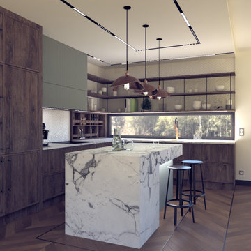 Copper lamp above the kitchen island