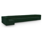 Meridian Furniture - Ollie Black Boucle Fabric L-Shaped Modular Sectional, Green, 8-Piece: 6 Armless Chair, 2 Corner Chair - Meet the epitome of style and functionality with this Ollie boucle fabric living room sectional, part of the Ollie modular collection. A contemporary marvel, this sectional features chic and inviting rich green boucle fabric upholstery, giving it a sumptuous texture that oozes elegance and luxury. Curved corners add to the visual look of the sectional while maximizing seating comfort while lounging, reading, or entertaining. Pair it with other items in the Ollie collection easily, thanks to an attachment latch underneath.