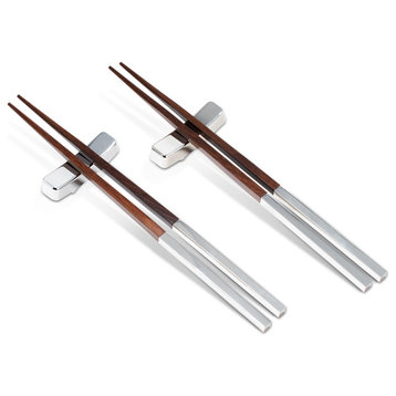 Set Of 2 Silver Plated and Bamboo Chop Sticks, Rests