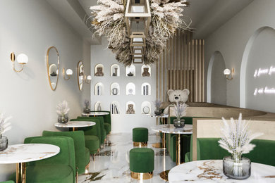 Inspiration pour une petite salle à manger design avec une banquette d'angle, un mur beige, un sol en marbre, aucune cheminée, un sol blanc et un plafond décaissé.