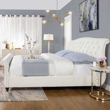 Nautlius King Bed Frame with Headboard & Footboard, Antique White Polyester
