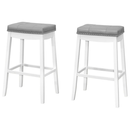 Bar Stool, Set Of 2, Bar Height, Saddle Seat, Wood, Pu Leather Look, White, Grey