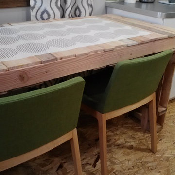 Retro modern remodel, bottle cap backsplash, particle board floors and more!