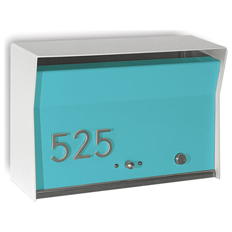 RetroBox Locking Modern Wall Mounted Mailbox, in Arctic White & Aqua