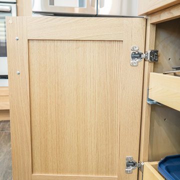 Modern Light Oak Shaker Kitchen with Waterfall Quartz Island P3| The Cabination