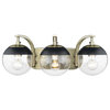 3-Light Bath Vanity in Aged Brass with Clear Glass and Black Cap