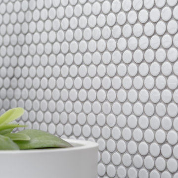 Master Bathroom with Bamboo Cabinet and Penny Tiles
