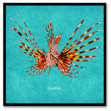 Lionfish Animal Aqua Print on Canvas with Picture Frame, 15"x15"