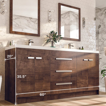 Eviva Lugano 60" Rosewood Modern Double Sink Bathroom Vanity With White Top