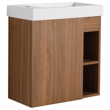 BNK Single Sink Bathroom Vanity with Soft Close Door and 2 Right Side Shelves, Brown, 20 Inch