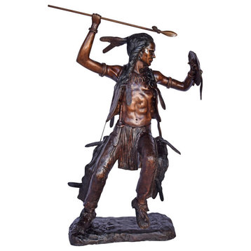 Indian Worrier Throwing a Spear Bronze Statue - Size: 15"L x 23"W x 38"H.