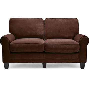 Traditional Loveseat, Cushioned Seat and Pillowed Back With Rounded Arms, Brown