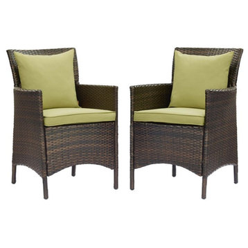 Modway Conduit 17" Rattan Patio Dining Armchair in Brown/Peridot (Set of 2)