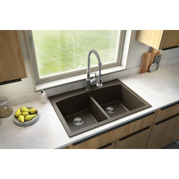 Karran Drop-in Quartz 33" 1-Hole 50/50 Double Bowl Kitchen Sink, Brown
